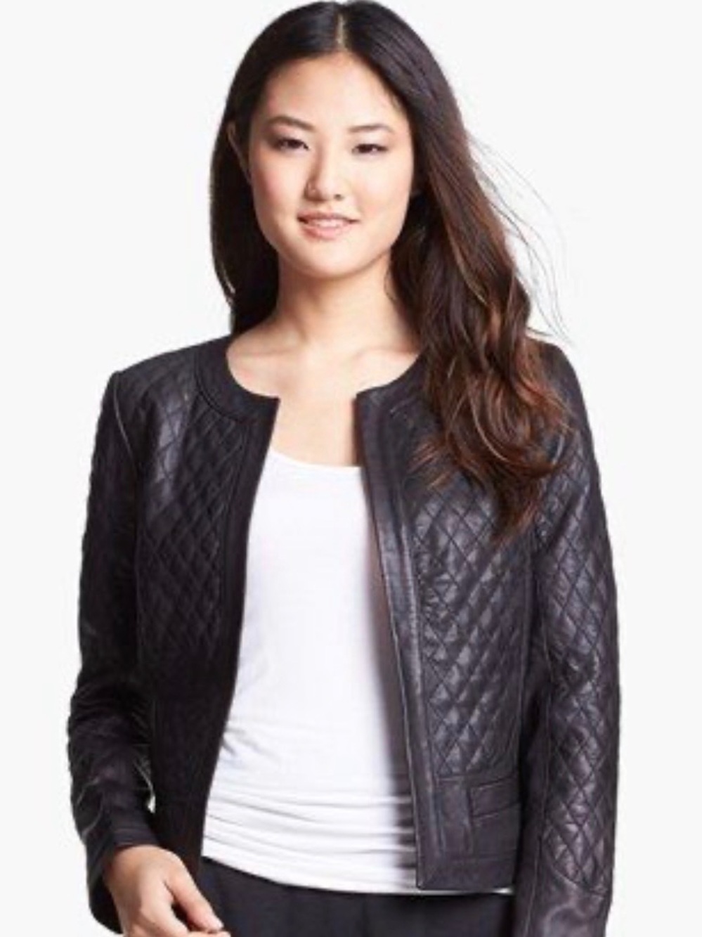Hinge Black Quilted Faux Leather Jacket for Women